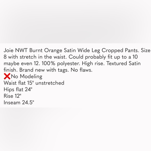 Joie NWT Burnt Orange Satin Wide Leg Cropped Pants - Picture 3 of 3